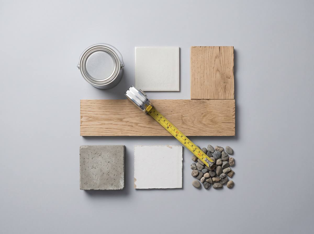 Material samples for home projects laid out in a grid with a tape measure across them